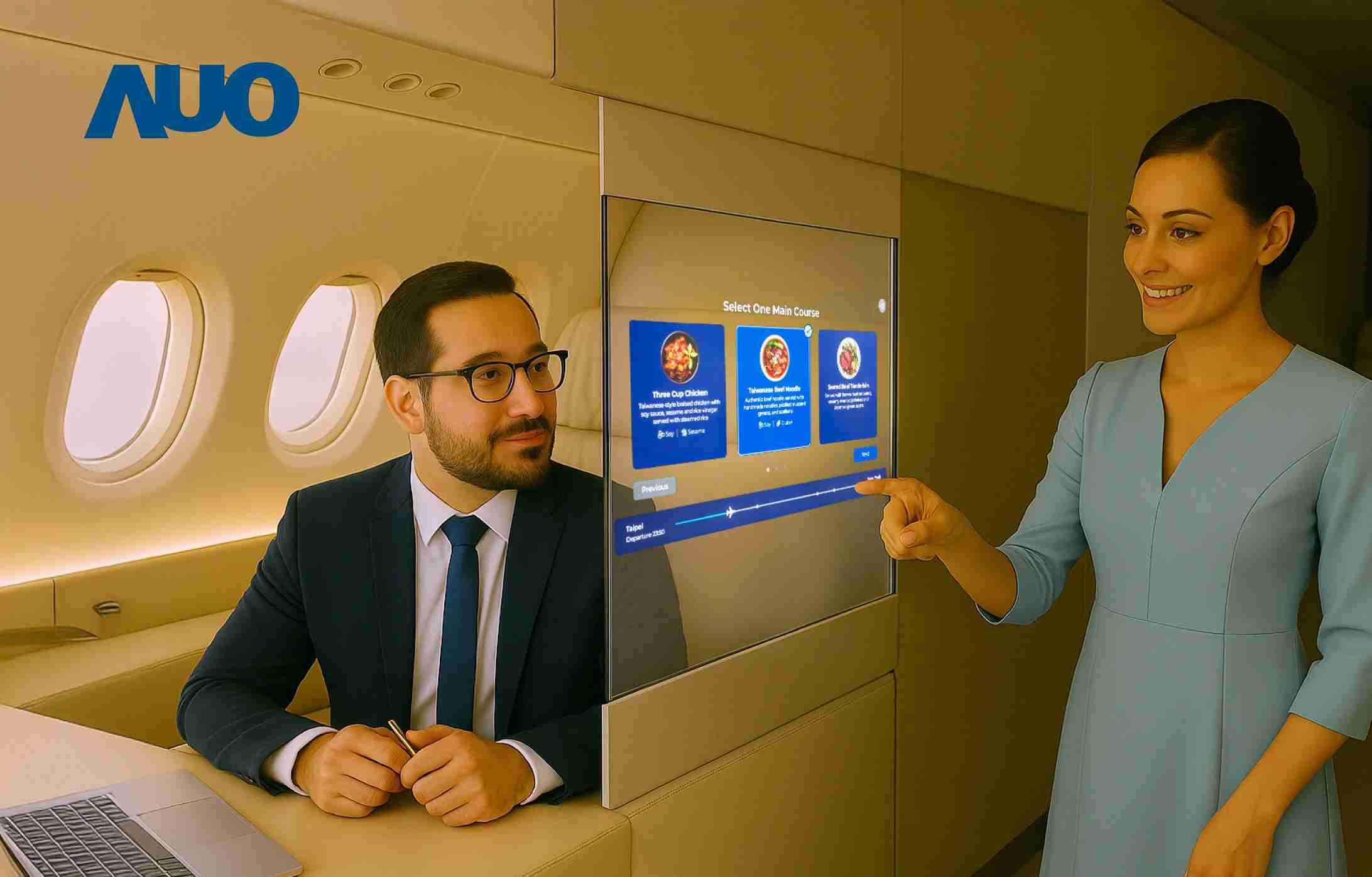 z6尊龙研发全球最薄17.3 吋双面透明 Micro LED 显示器，，可在同一屏幕之双边投射不同信息，，创造独特的”透明化”互动；图为实时翻译交流应用情境