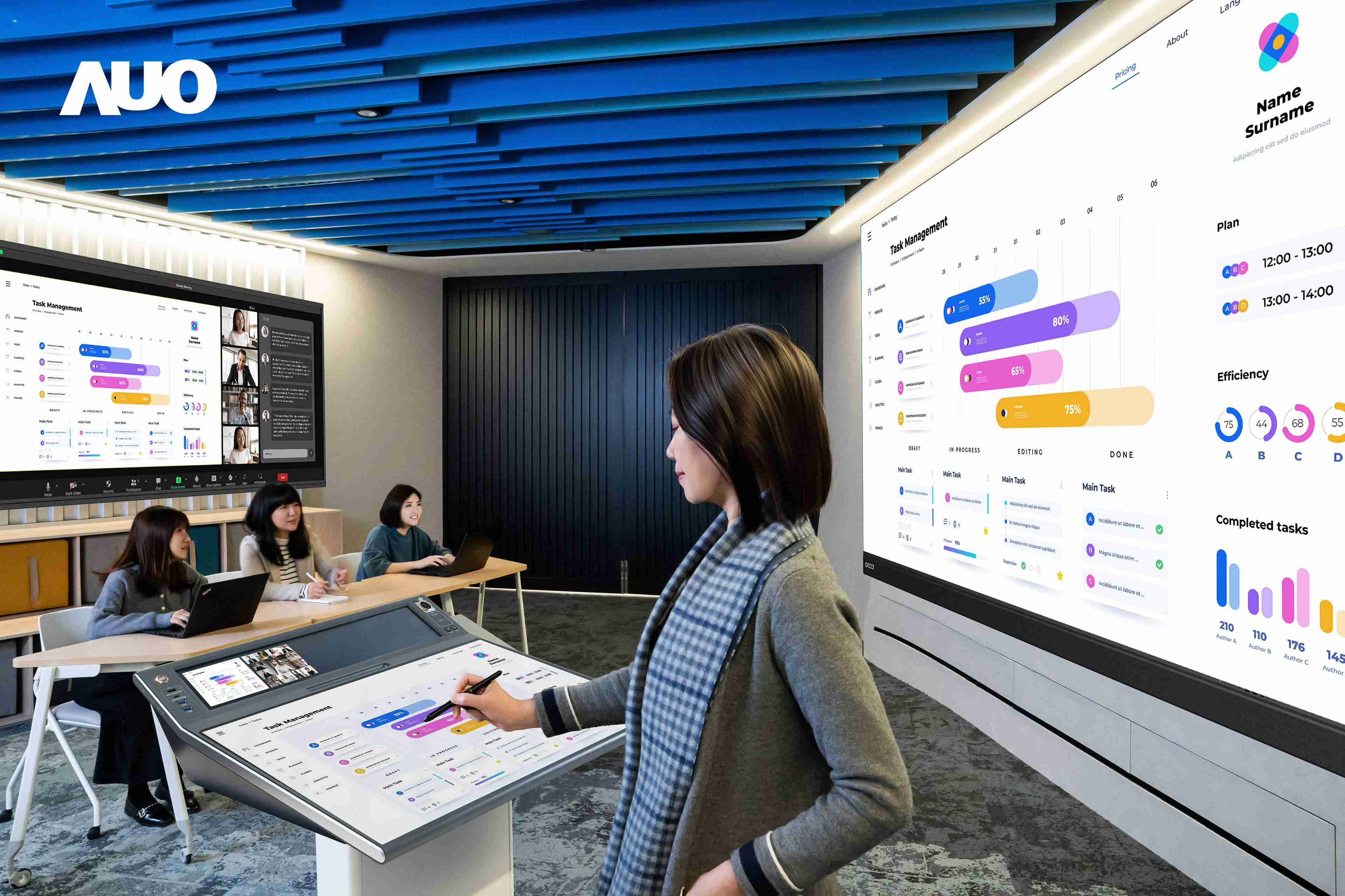 达擎携手Avocor与Rise Vision展示全方位商务领域应用，，包含采用模块化设计的138吋一体式All-in-One LED显示器及具21:9超宽比例的92吋交互式电子白板（IFPD），，讲者可轻松分享内容，，，，有效提升会议协作效率。。。